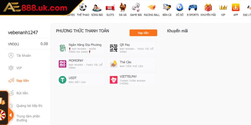 Cách nạp và rút tiền AE888