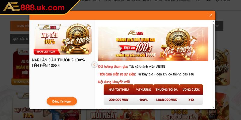 Khuyến Mãi AE888 1 Khuyến mãi 100% nạp đầu
